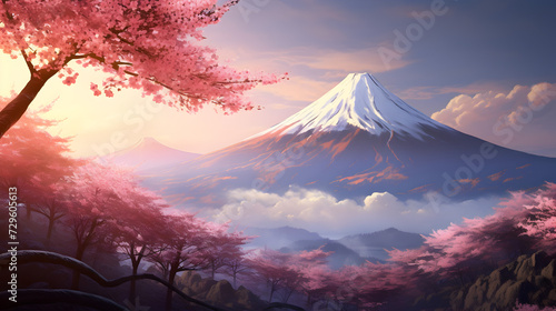 Photo samurai stands near waterfall samurai standing in waterfall garden with swords on the ground digital art style illustration painting,, A large mountain with a snow cap at the top in japan with 