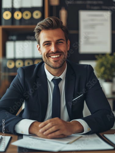 insurance agent in a suit, sitting at a desk, smiling confidently at the camera, diplomas and awards in the background