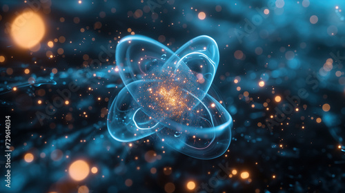 An atom with electrons orbiting, set against a cosmic starry background, symbolizing atomic energy and science concepts.