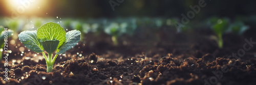 Young Plant Curly cabbage, Growing plant, dewdrop. Horizontal. Background with copy space. Banner
