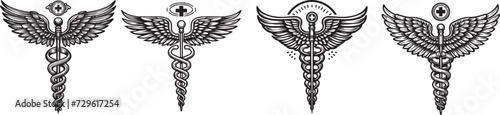 medical sign vector, caduceus black and white set graphics