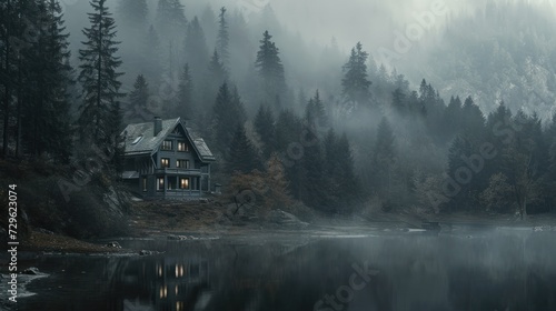  a house in the middle of a forest on a foggy day with a lake in front of it and trees on the other side of the lake and foggy bank.