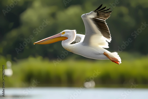 Wings outstretched in graceful defiance of gravity the American White Pelican soars majestically through the skies, its pristine plumage catching sunlight in a breathtaking display of aerial mastery