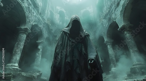 Epic cinematic shoulder still of dark mage wearing a dark cloth cloak