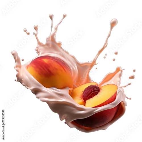 realistic fresh ripe peach with slices falling inside swirl fluid gestures of milk or yoghurt juice splash png isolated on a white background with clipping path. selective focus