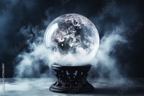 Fortune Teller Crystal Ball Filled with Smoke Over Dark Background