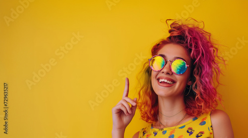 Attractive girl pink color hair pointing by index finger up to place for copy space. copy space for goods promotion advertisement. isolated alone on yellow studio background.