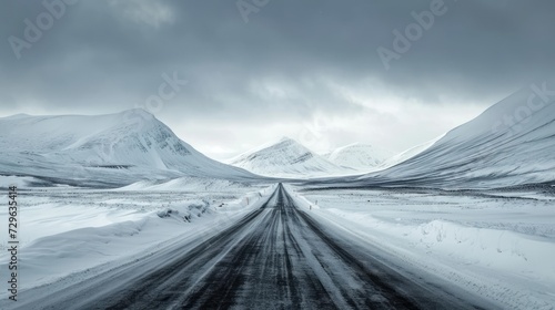  a black and white photo of a road in the middle of a mountain range with snow on the ground and mountains in the distance with dark clouds in the sky.