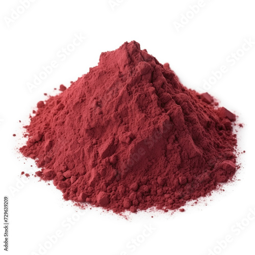 close up pile of finely dry organic fresh raw barberry bark powder isolated on white background. bright colored heaps of herbal, spice or seasoning recipes clipping path. selective focus