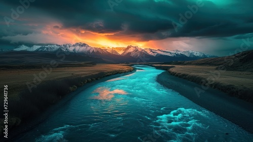  a river running through a lush green field under a cloudy sky with mountains in the background and a sunset in the sky over the mountains in the middle of the foreground.