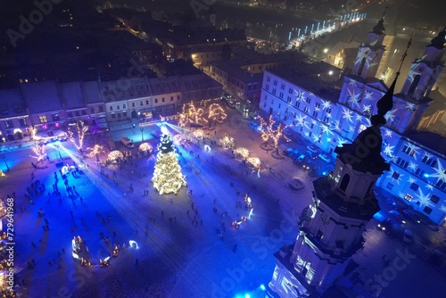 Kaunas, Christmas, Christmas tree, town hall square, church, bird's eye view