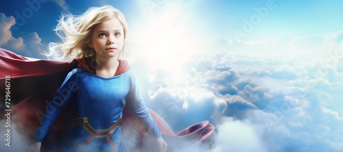 Superhero Superwoman Girl Portrait Flying in the Blue Sky Banner