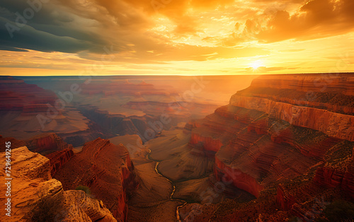 a view of the grand canyon over an orange sky and clo