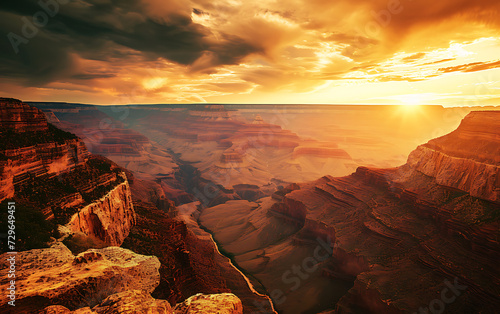 a view of the grand canyon over an orange sky and clo