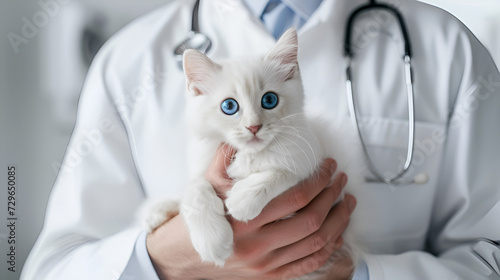 banner for veterinarian's day, a veterinarian in a white coat holds a white cat with blue eyes in his arms, with space for text