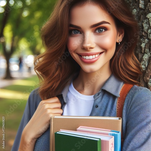 Uma estudante jovem sorrindo segurando os cadernos e livros. Uma aluna simples feliz e sorridente, mulher sorrindo, pessoa alegre, aluna sorrindo com cadernos nas mãos