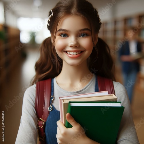 Uma estudante criança sorrindo segurando os cadernos e livros. Uma aluna simples feliz e sorridente, menina sorrindo, criança alegre, aluna sorrindo com cadernos nas mãos
