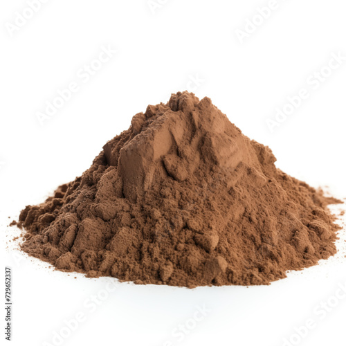 close up pile of finely dry organic fresh raw black walnut hull powder isolated on white background. bright colored heaps of herbal, spice or seasoning recipes clipping path. selective focus
