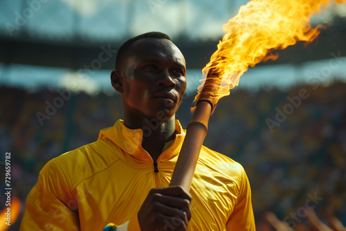  an athlete holding the Olympic flame