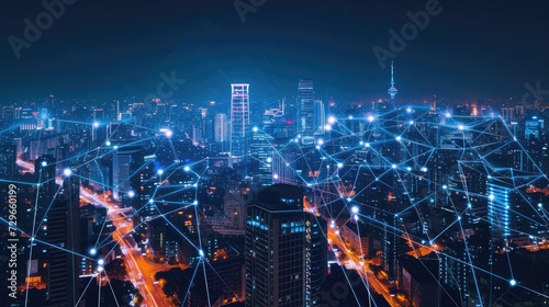 Modern city with wireless network connection and city scape concept.Wireless network and Connection technology concept