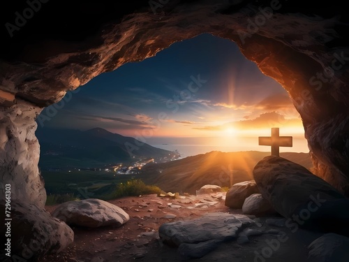 Interior de una cueva mirando hacia afuera, con una cruz el la entrada y las montañas y el sol al atardecer.