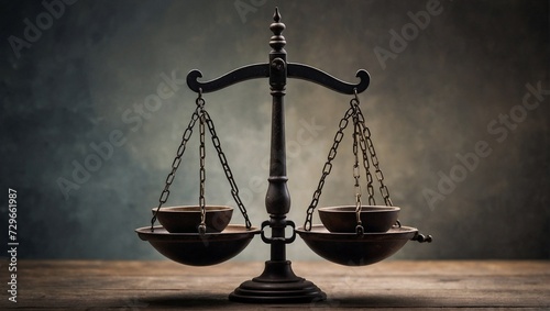 Old antique mercantile scale on vintage background. Just and justice concept. Balancing souls idea. Copy space.