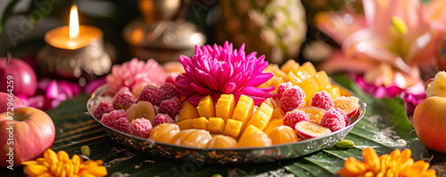 Fresh tropical fruits. Assorted exotic fruits and flowers for traditional puja ceremony to worship. Hindu festival Chhath Puja. Travel and holiday. Healthy food, diet, vegan, vegetarian concept