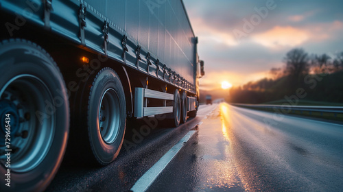 Semi Truck Driving Down Highway at Sunset