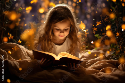 A little girl is curiously reading a book, a bedtime story. Concept of bedtime stories, children's books, fairy tales. Old adventure books and stories for children.