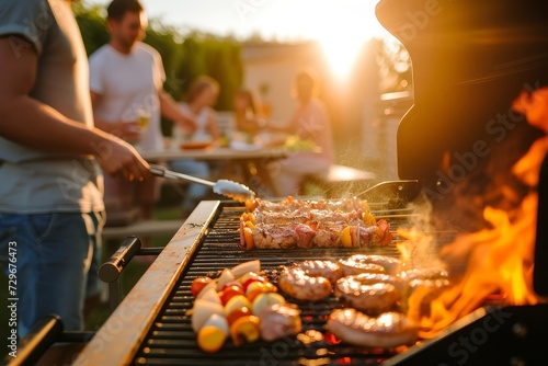 Casual summer bbq party Friends grilling and enjoying food together in the warm afternoon