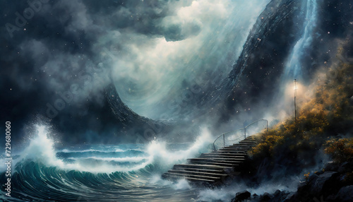 Dreamlike view of stairs to nowhere and space,enigma,space nebula, godrays, thunderstorm, hurricane