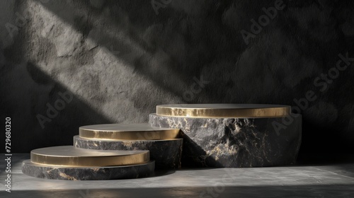 3D Stone podium for beauty cosmetic product promotion. Black and gold pedestal with natural rock and sun light background.