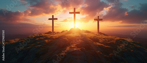 Christian Easter concept. Resurrection of Jesus Christ. Silhouette of three crosses on mountain summit.