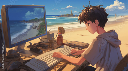 anime boy working on a laptop at the beach, in the style of dark orange and light brown, romanticized landscapes, collaborative, 32k uhd, analytical art, outrun, illustrative 