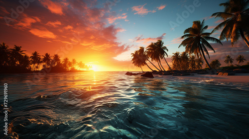 sunset beach background on realistic tropical island sea beach with palm trees, Sunset beach