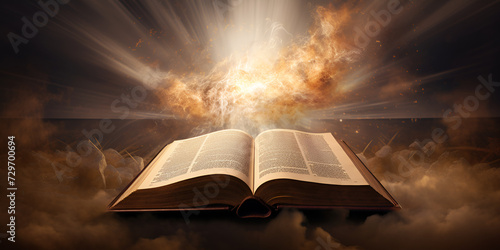 Open bible with sunlight's An open book bathes darkness in golden knowledge light.