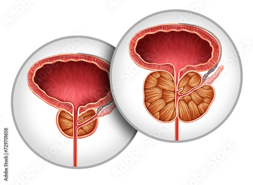 Enlarged Prostate organ gland as Benign Prostatic Hyperplasia as a urology medical illustration concept for part of the male reproductive anatomy and lower urinary tract symptoms.