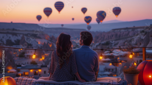 Young couple at sunrise on a rooftop in Cappadocia with hot air balloons in the background at golden hour