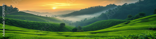 Green tea plantation at sunrise time, natural background, curved green tea plantation with clouds