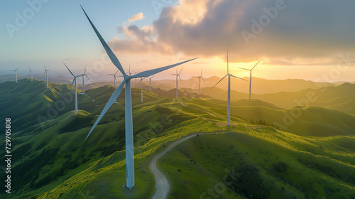 Wind power generation in the green mountains, Wind Farm drone aerial view at windmill turbines at sunset