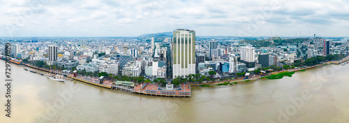 Aerial panoramic view of Malecon Simon Bolivar in Guayaquil, a recreational place for locals and tourists near down town.