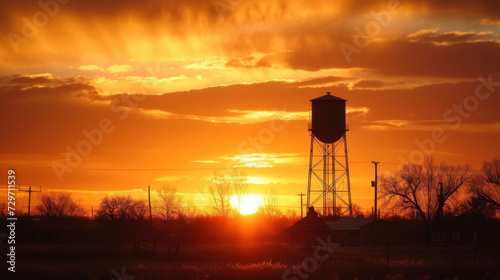 A small towns water tower stands out against the golden sky its silhouette illuminated by the last rays of sunlight.