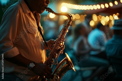 A jazz musician playing a saxophone on a small stage, intimate crowd around in a summer night setting, focused lighting on the musician with a dark background, 