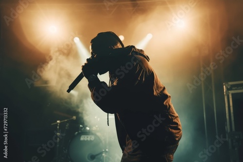 A rapper with dynamic poses, mic in hand, on a minimalist stage setup, stark contrast with intense spotlights and shadow play