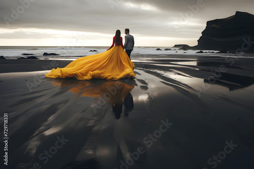 silhouette of a romantic couple walking together along the coast of Iceland. family relationships and friendship between a man and a woman
