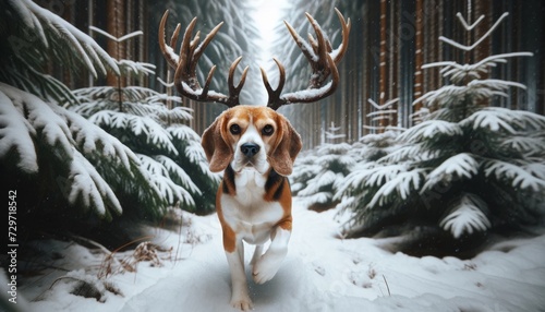 A beagle dog with antlers trotting through a snowy forest.