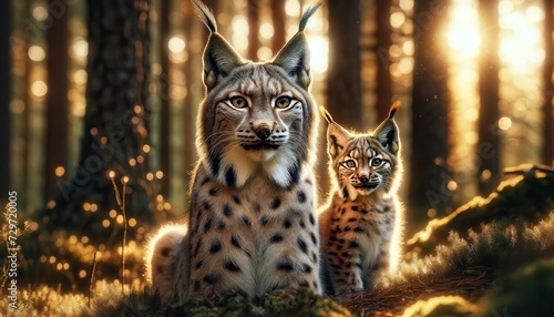 A photorealistic image of a lynx with its kitten in a forest setting during the golden hour.