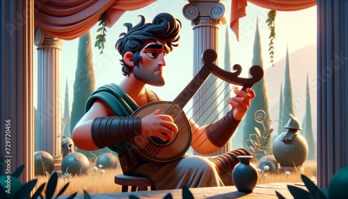 A whimsical, animated-style 2D illustration of Achilles playing the lyre in a serene scene.
