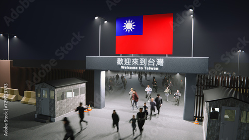 People walk through the border checkpoint gate to Taiwan at night - 3D rendered