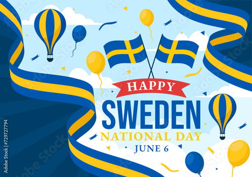 Sweden National Day Vector Illustration on 6 June Celebration with Swedish Flag and Ribbon in Holiday Celebration Flat Cartoon Background